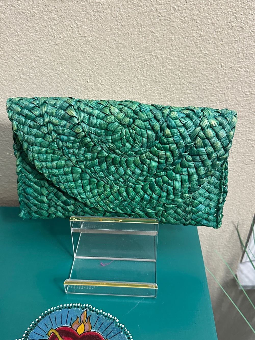 Green Woven Straw Clutch - Women's Evening Bag